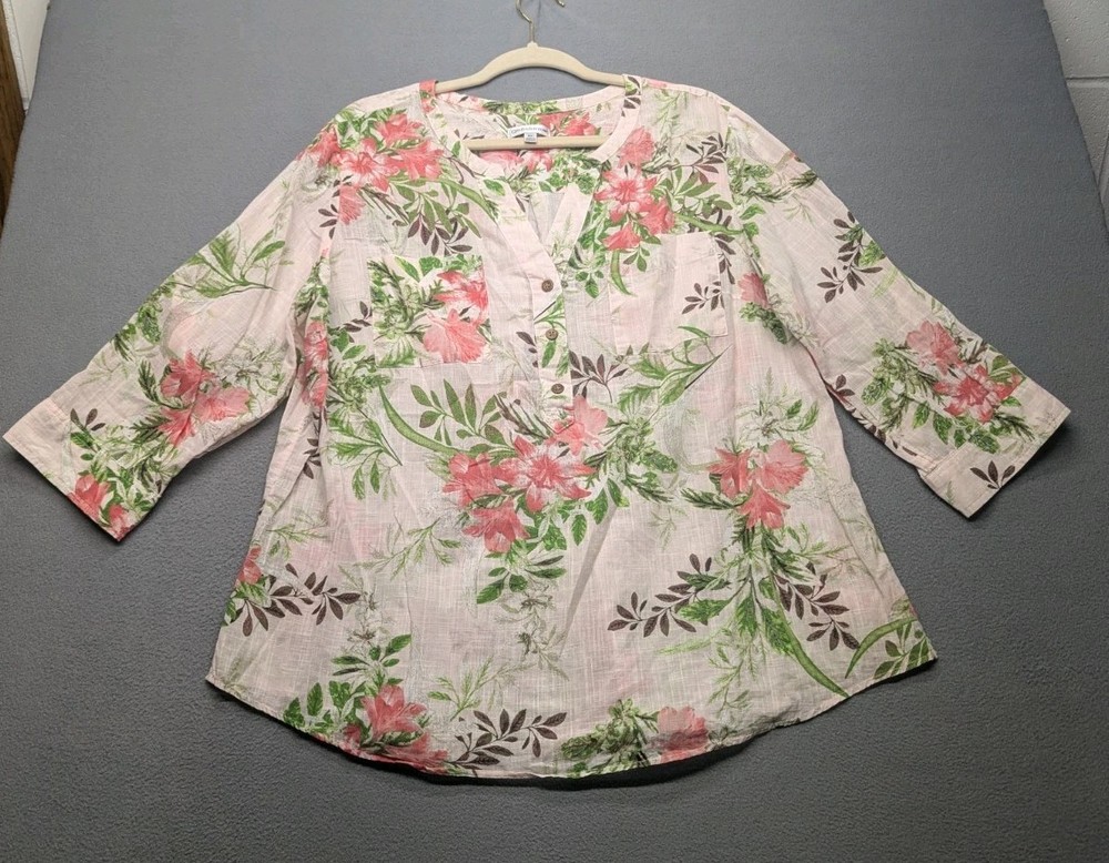 Croft &Barrow Women's 100% Cotton Floral Roll Tab 3/4 Sleeve Button Shirt XL