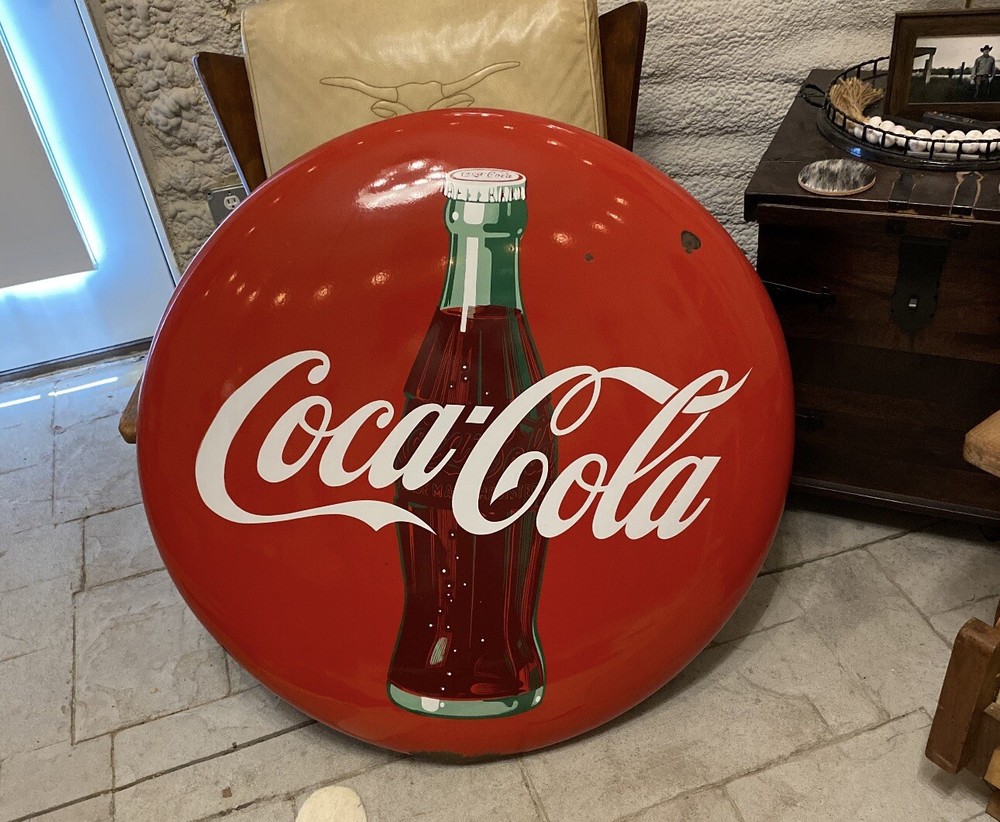 Antique Coca-Cola Authentic Metal Button Very Rare With Hanger Porcelain Huge