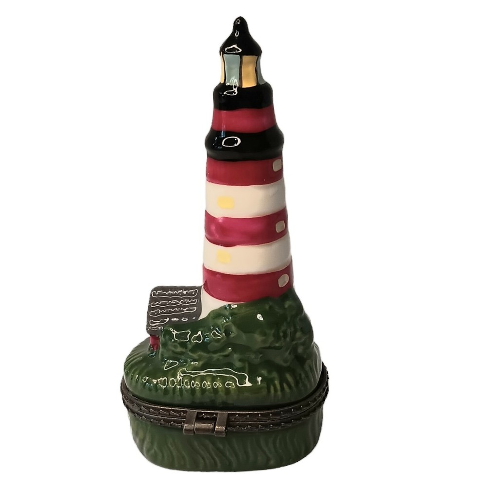 Lighthouse Porcelain Hinged Vintage Trinket Box Red White Green