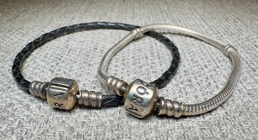 PANDORA Moments Snake Chain Barrel Clasp And Leather Silver Bracelet W/ 1 BOX