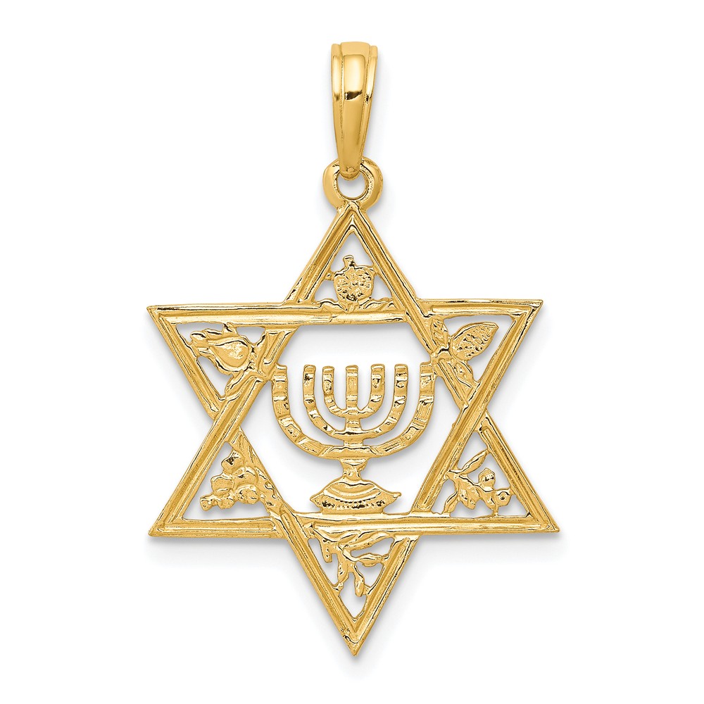 Avariah Solid 10K Yellow Gold Star of David w/Menorah Pendant - 27mm