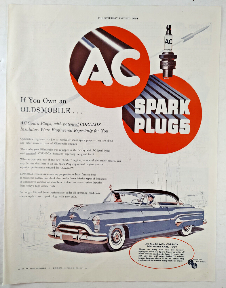AC Spark Plugs 1951 Print Ad ~ Oldsmobile Rocket Engine~Mid- Century ~Great Art!