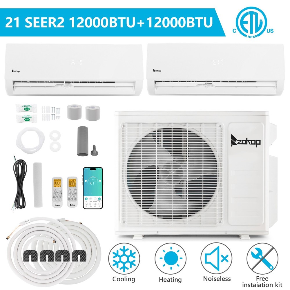 27000 BTU 2 Zone Ductless Mini Split AC Heat Pump with 2 x 12000BTU Units