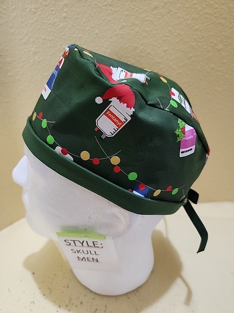 Anesthesia Christmas Green Men's Skull/Chemo Surgical Scrub Hat/Cap Handmade
