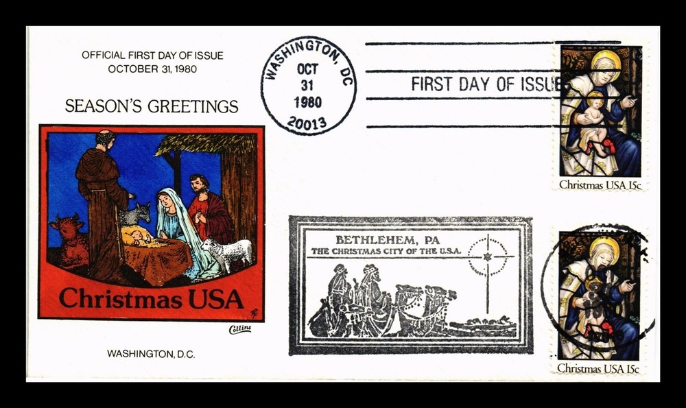 DR JIM STAMPS US COVER CHRISTMAS MADONNA & CHILD FDC COLLINS HAND PAINTED