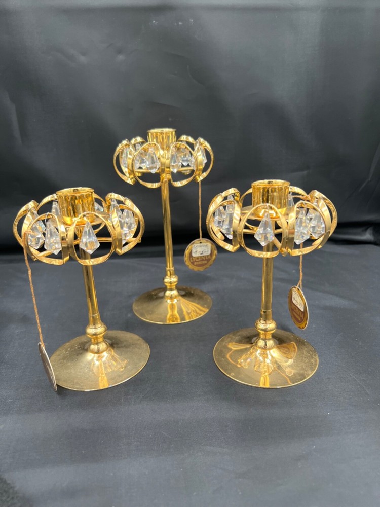 3 Vintage Lycenta  24 karat gold plated  Crystal Candlestick Holders