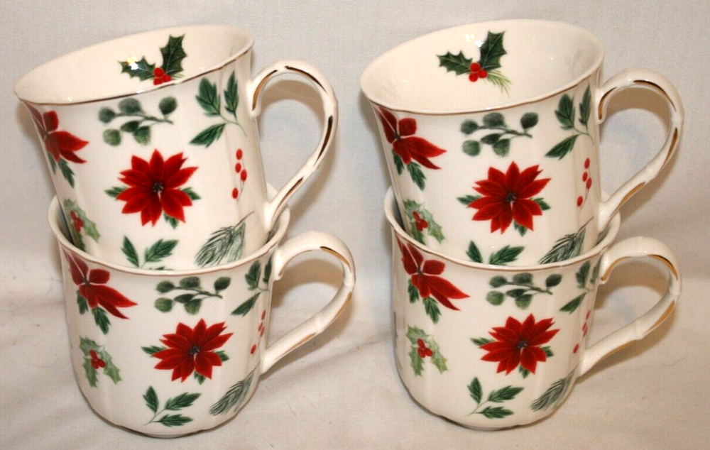 Grace Teaware Poinsettia & Holly Porcelain Christmas Coffee Mugs Set of Four New