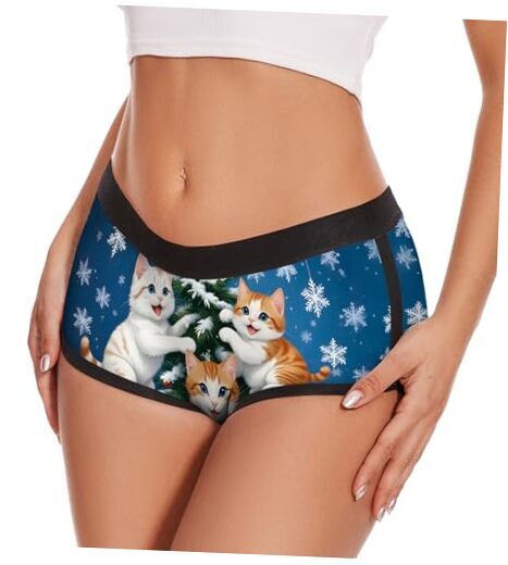 Womens Boyshorts Panties Stretchy Boxer Briefs Novelty Medium Christmas Cat