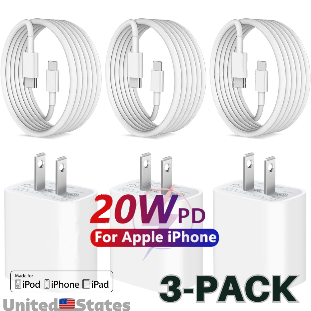 3Pcs Lot 20W PD Fast Charger For iPhone 14/13/12/Pro/11 USB Type C Adapter Cable