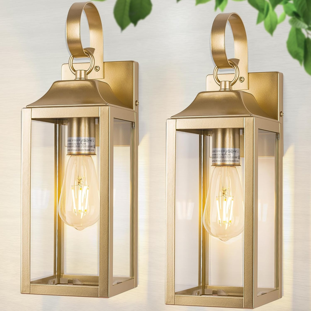 2 Pack Outdoor Light Fixtures Wall Mount, 15 Inch Gold Exterior Wall Sconces Wat