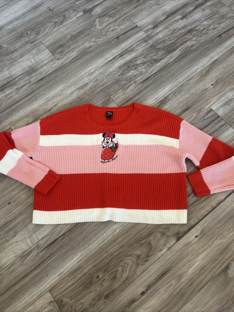 Disney Her Universe Strawberry Minnie Sweater Boxy Striped Red Pink Cropped Sz L