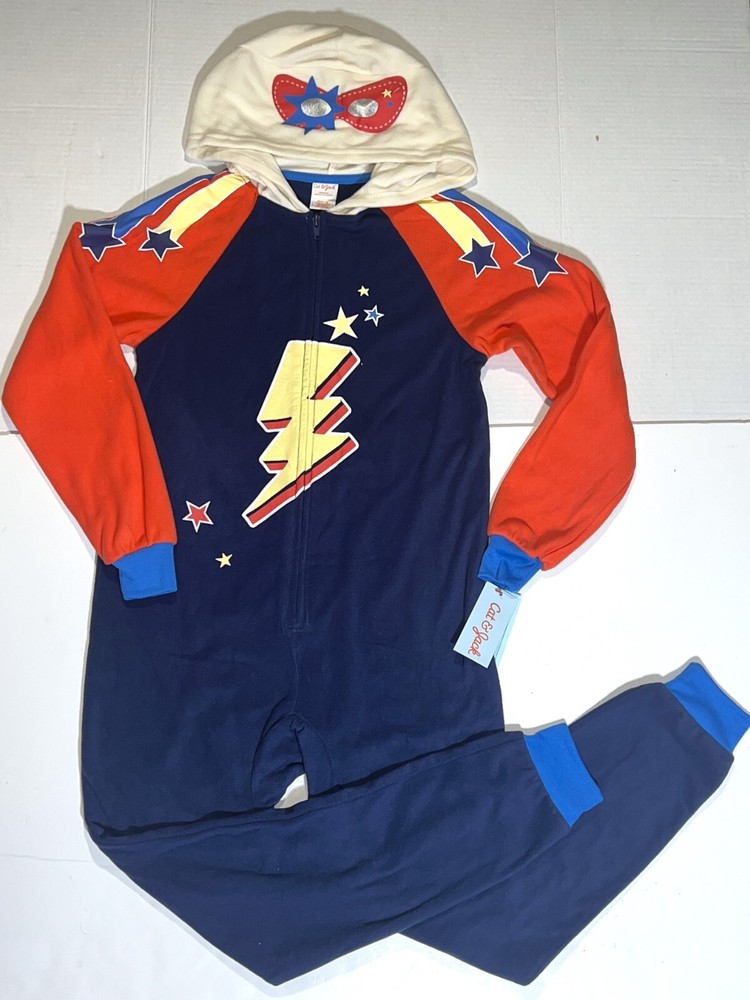 Cat Jack Superhero Hooded Fleece 1-Pc Red Costume Pajamas Union Suit M 8 10 NEW