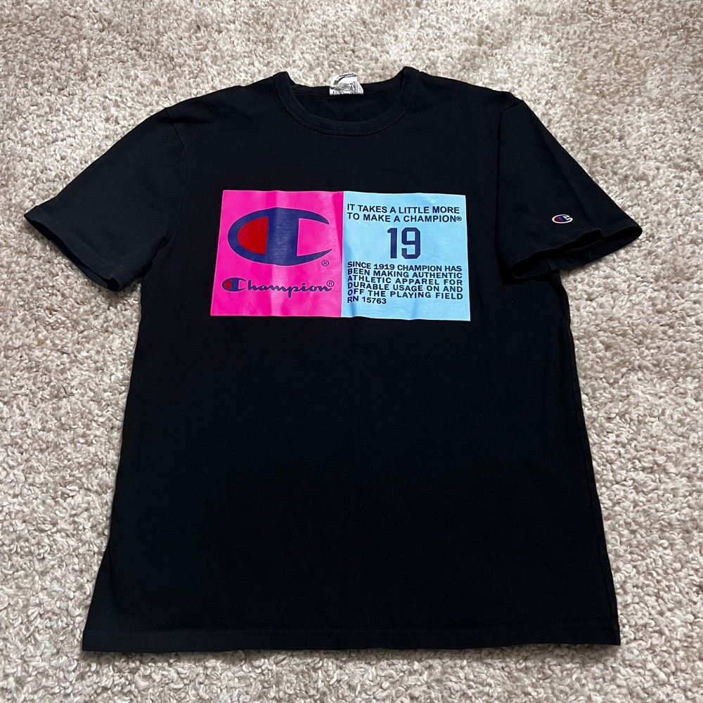 90s Vintage Champion Big Logo Blue Label Black Graphic Tee Men's Medium