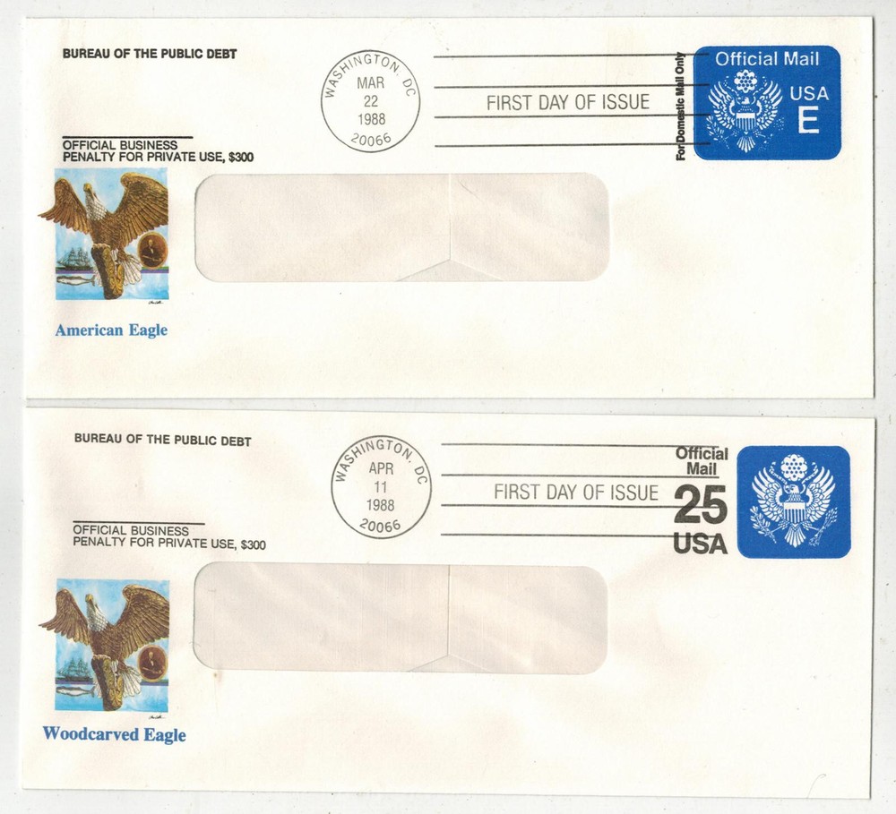 1988 EAGLE OFFICIAL BUSINESS MAIL SET OF 2 FLEETWOOD E & 25c BUREAU PUBLIC DEBT