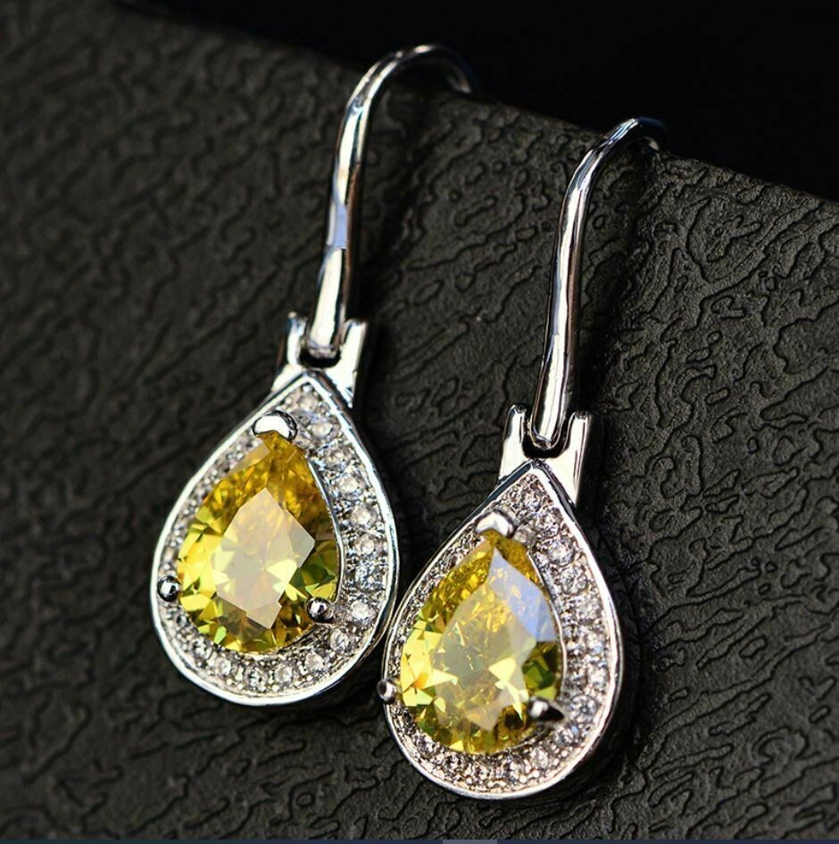 4.20Ct Pear Cut Yellow Citrine Halo Drop Earrings 14K White Gold