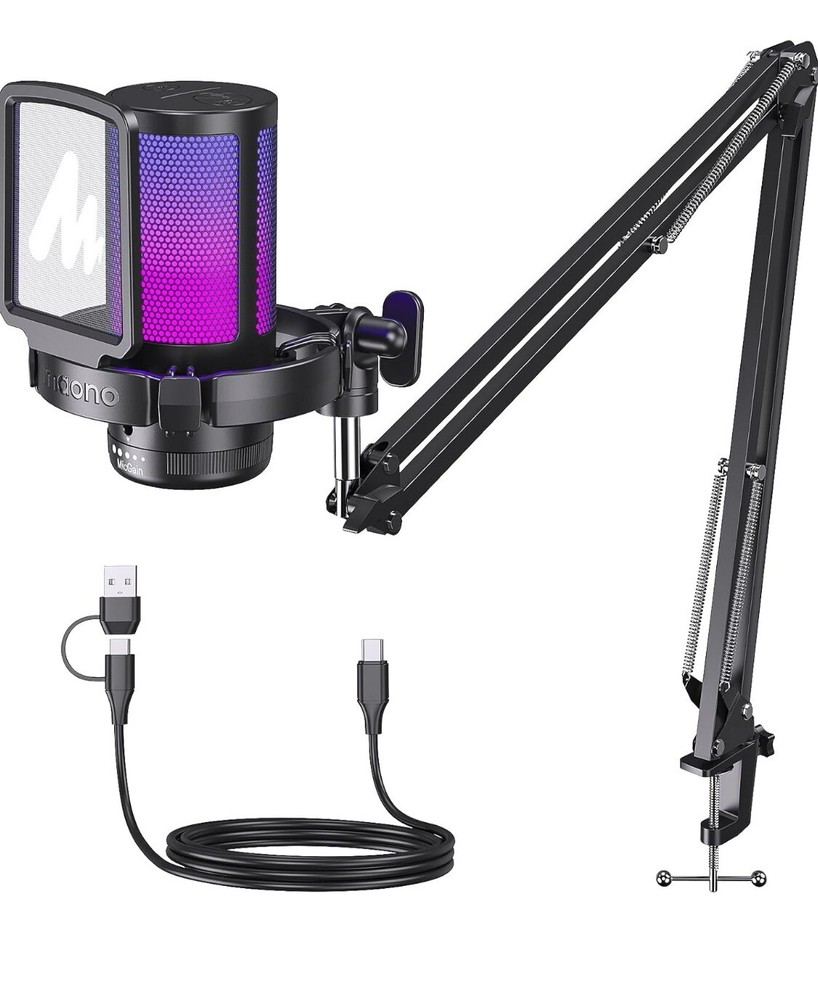 MAONO Gaming USB Microphone, Noise Cancellation Condenser mic with Mute, Gain