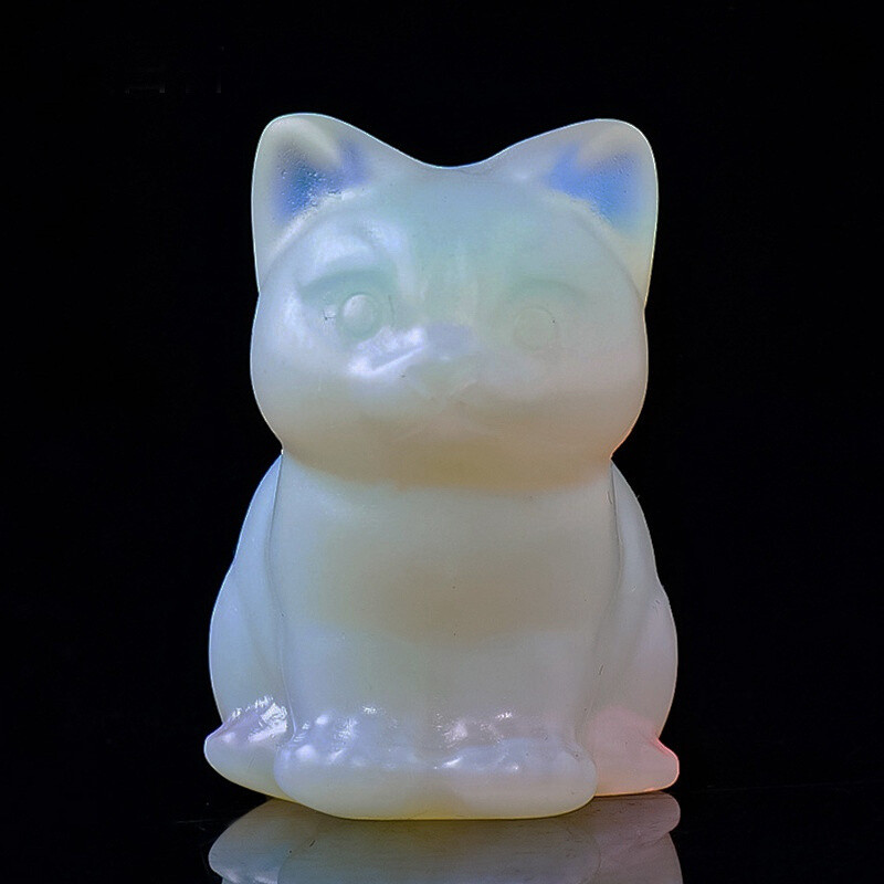 Natural White Opal Quartz Maneki Neko Crystal Stone Lucky Cat Kitty Statue Reiki