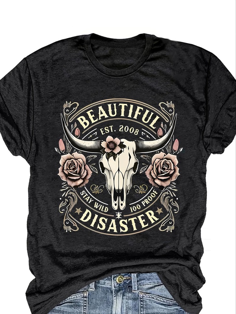 Women's Vintage Western Graphic T-Shirt - Black Bull Skull and Floral Print ♡