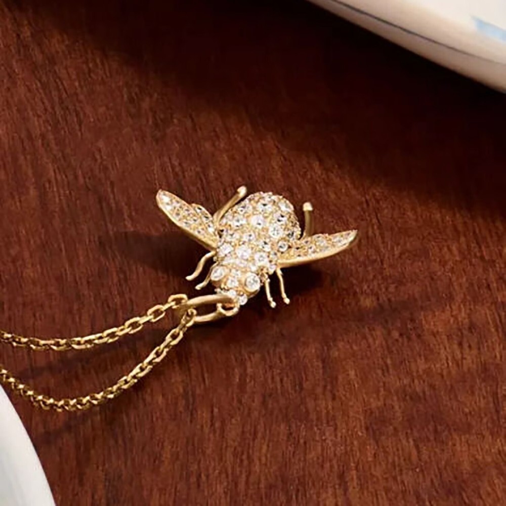 Colgante redondo simulado diamante plata 925 mujer abeja enchapado en oro amarillo 14k-image