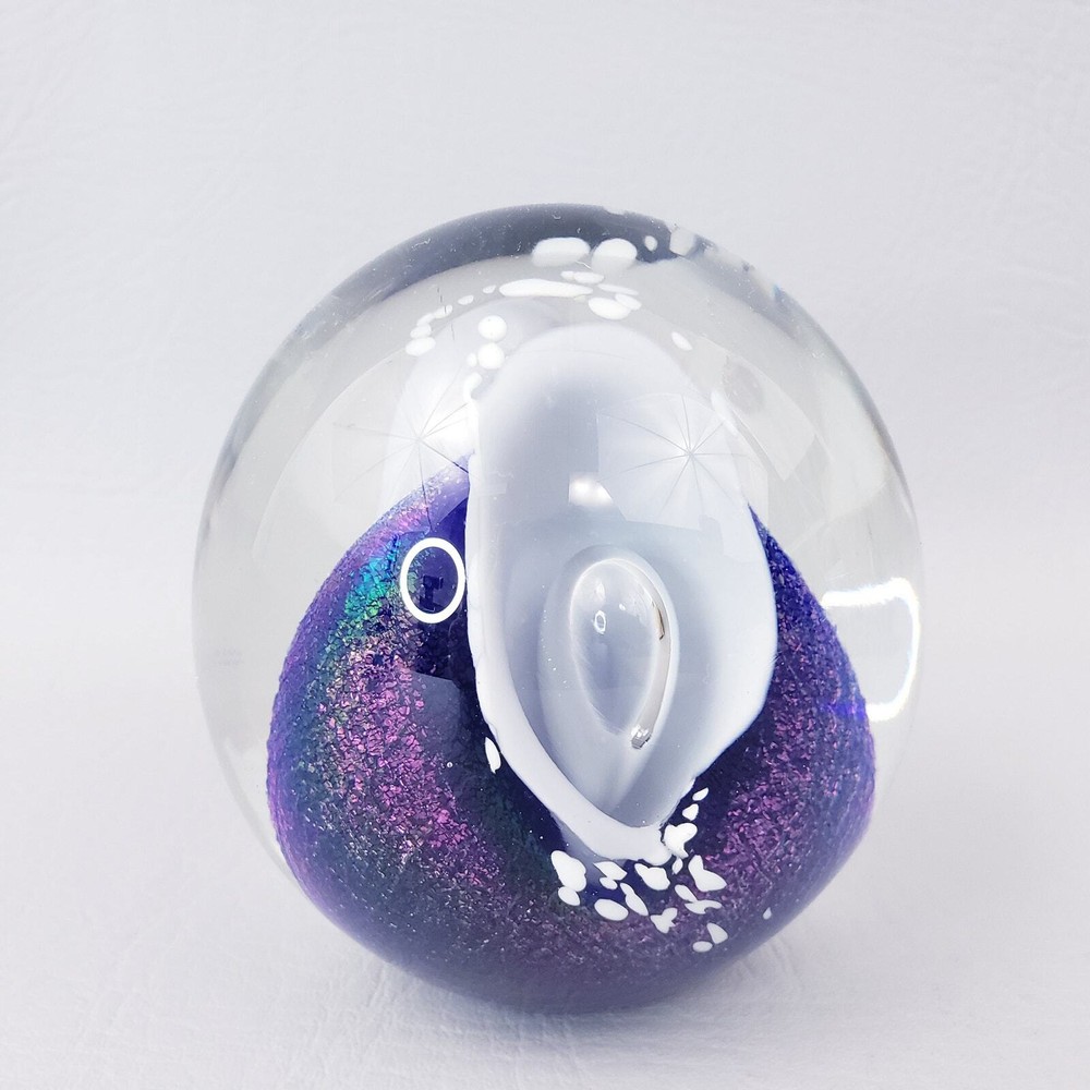 Vintage Eckholt 1990 Blue Iridescent Lily  Paperweight Signed & Dated