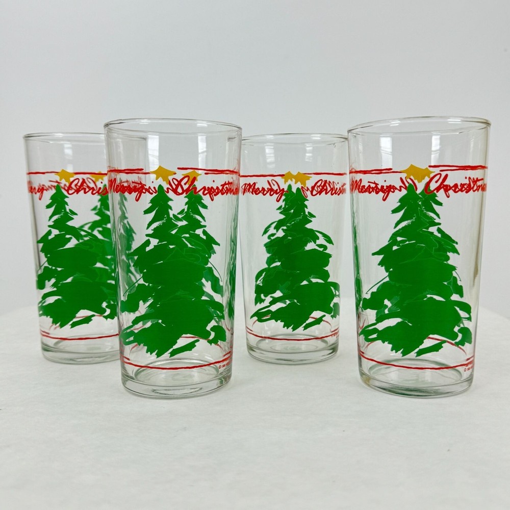 Vintage 1990 Abbey Press Merry Christmas Glass Tumbler Trees 4-Piece Set 12 oz-image