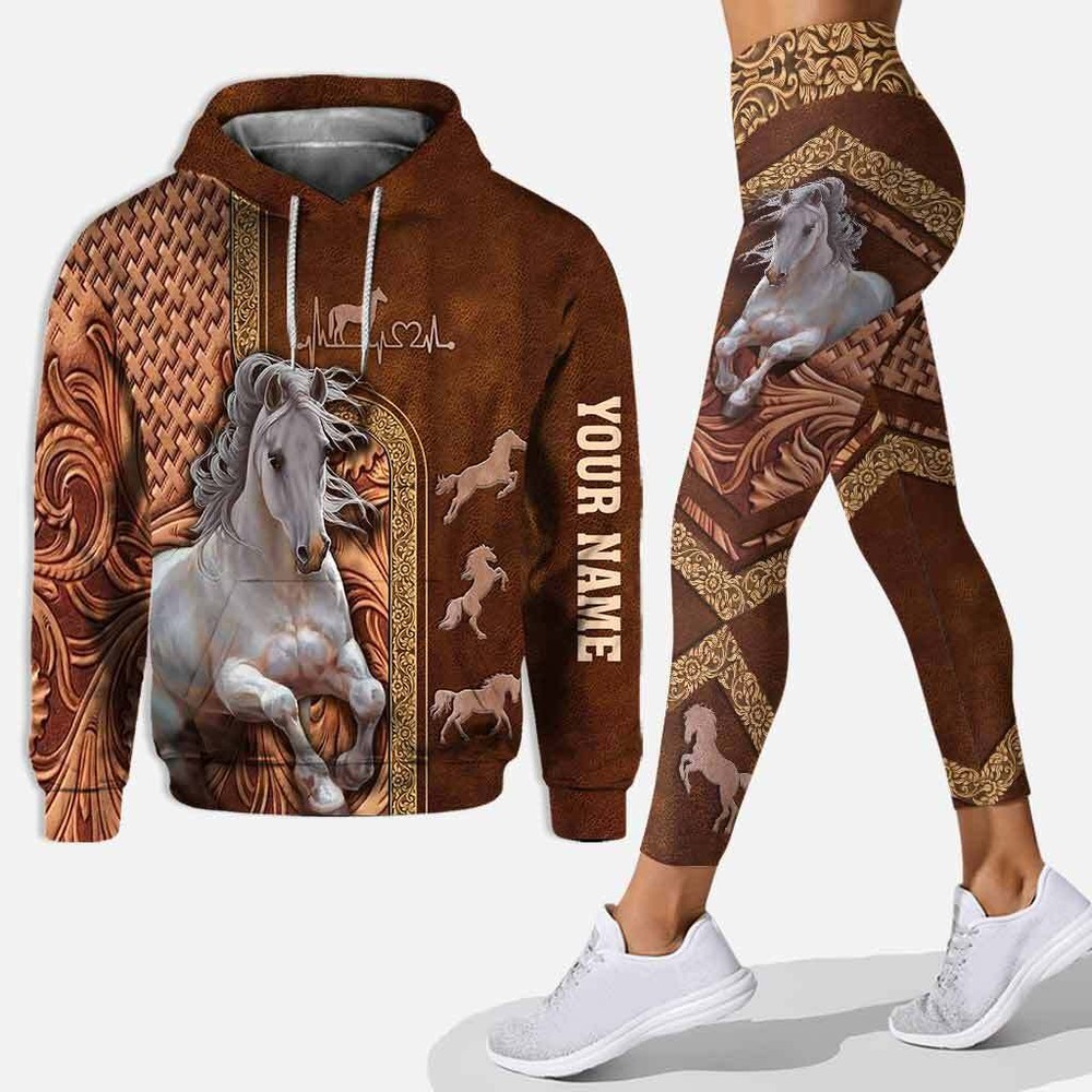 Custom Love Horse Hoodie and Leather Print Leggings Set for Personal Style
