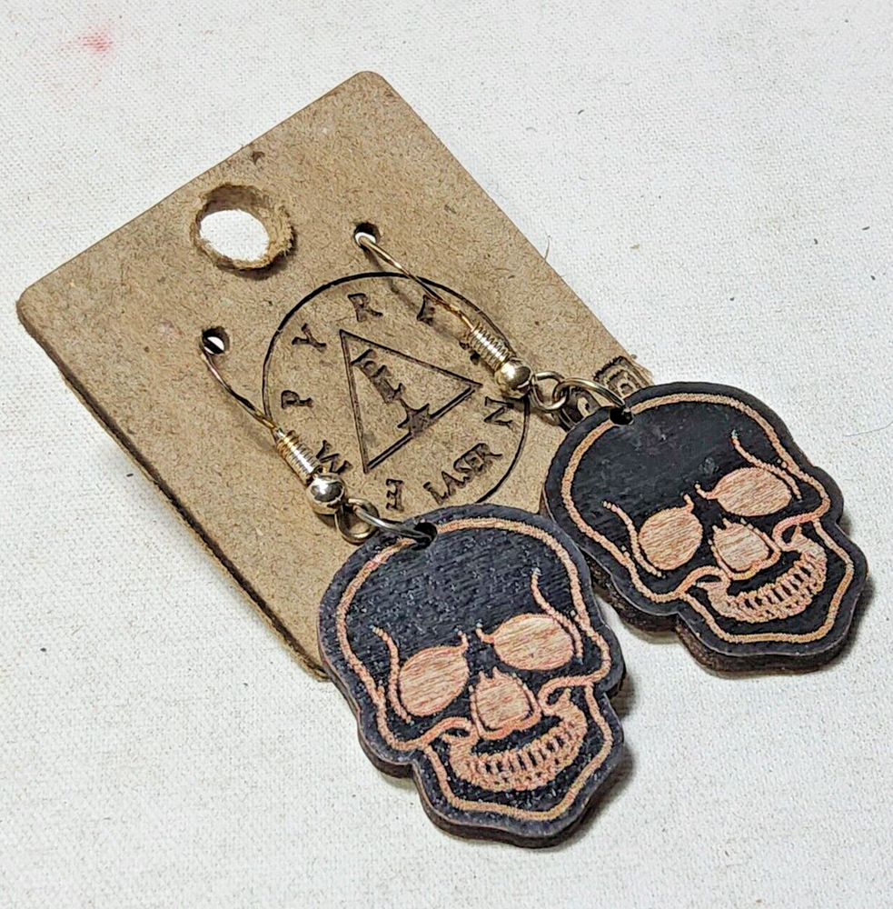 Laser engraved cut black skull custom art earrings horror fashion goth halloween
