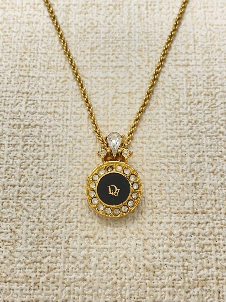 Christian Dior Rhinestone Logo Chain Necklace in Gold for Women EO458