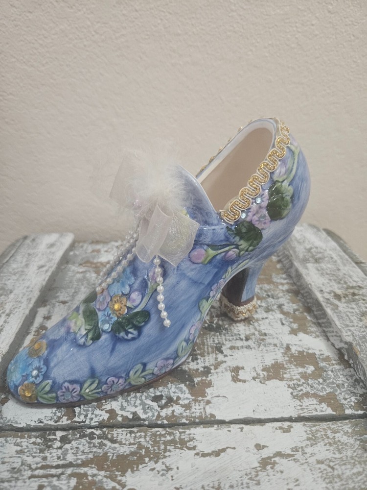 Porcelain Victorian Blue Shoe Vase Planter Floral Pattern Lace Faux Rhinestone
