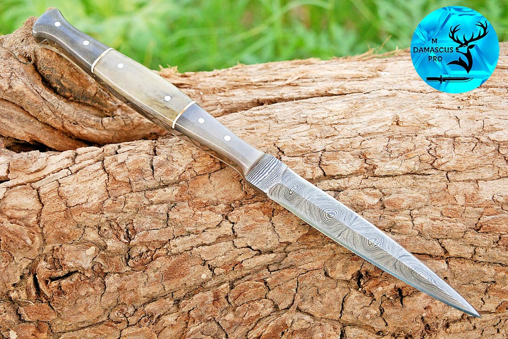 DAMASCUS STEEL BOOT KNIFE Hunting Everyday Carry Knife Camel Bone Handle 1384