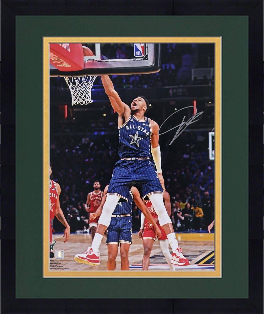 Framed Giannis Antetokounmpo Bucks Signed 16x20 2024 All-Star Game Dunking Photo