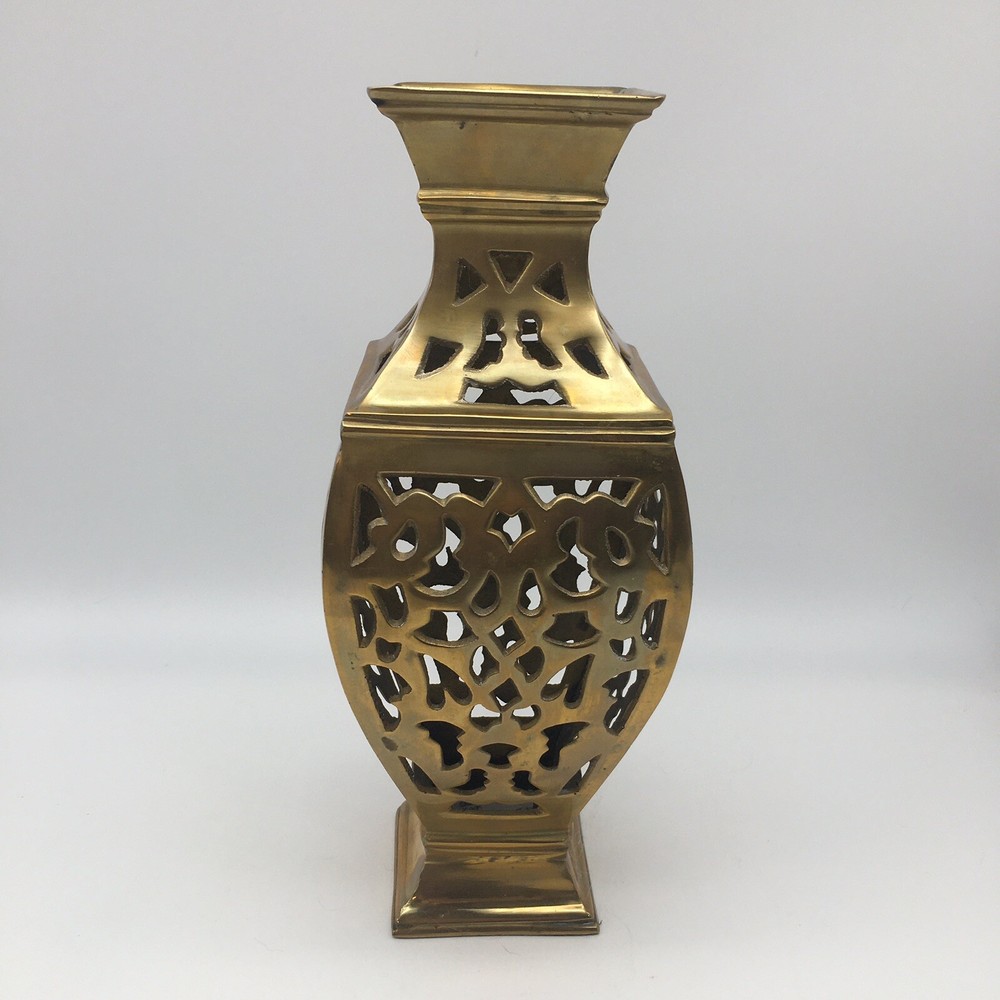 Vtg Brass Vase Filigree Design Heavy 11” India For Dry Flower/Plant Arrangements