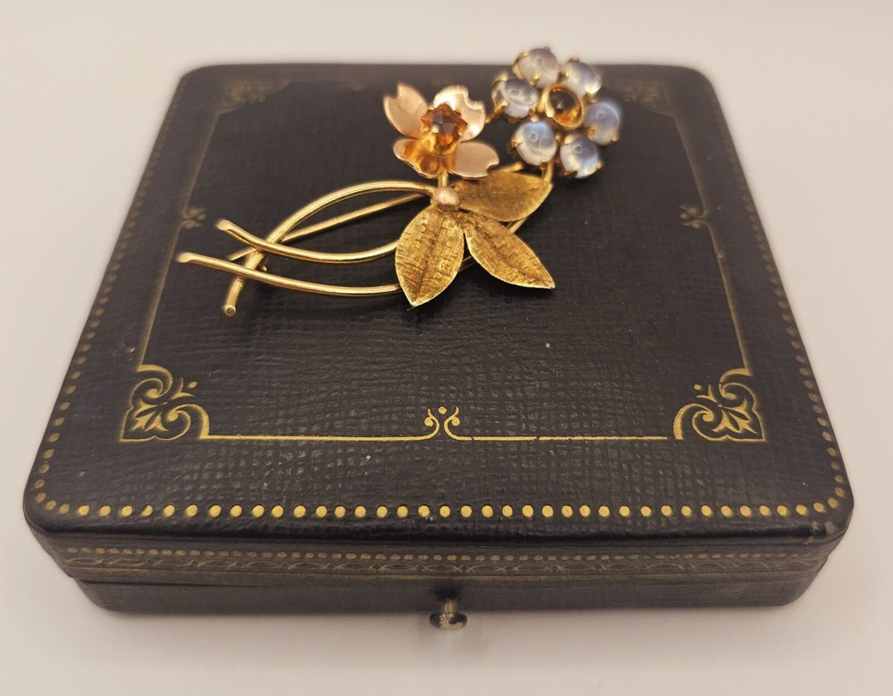 Vintage 1960s 14K Solid Gold Pin with Moonstones and Citrines by Weinman Bros