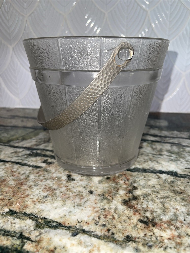 Vintage Glass Ice Bucket with Hammered Metal Handle Barrel Design Grannycore Style