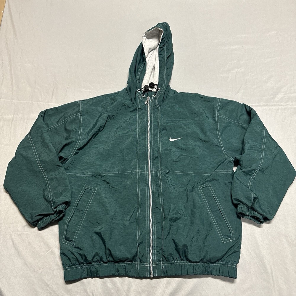 Vintage Nike 90s Cloth Lined Green Mens Large Hooded Full Zip Jacket