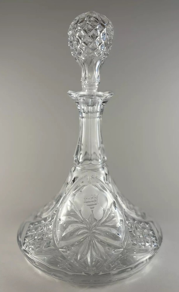 Vintage Crystal Floral Etched Ornate Cut Glass Ships Decanter Large 7.5” X 12”