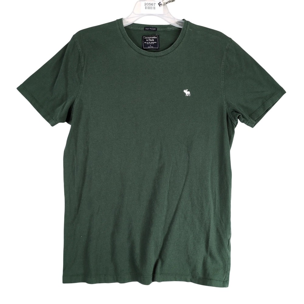 Abercrombie & Fitch Men's L Green T-Shirt Crew Short Sleeve White Moose Logo-image