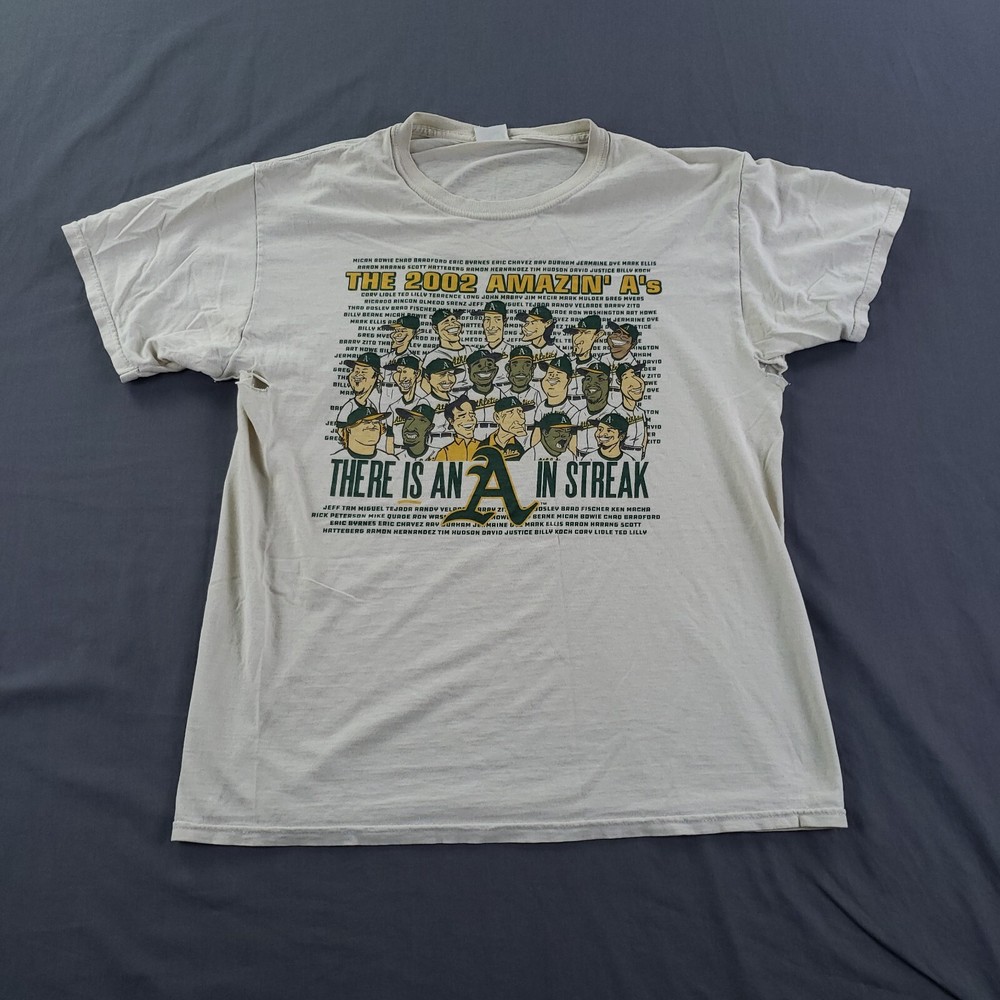 Vintage Oakland Athletics Shirt Mens Large White Caricature 2002 Baseball MLB