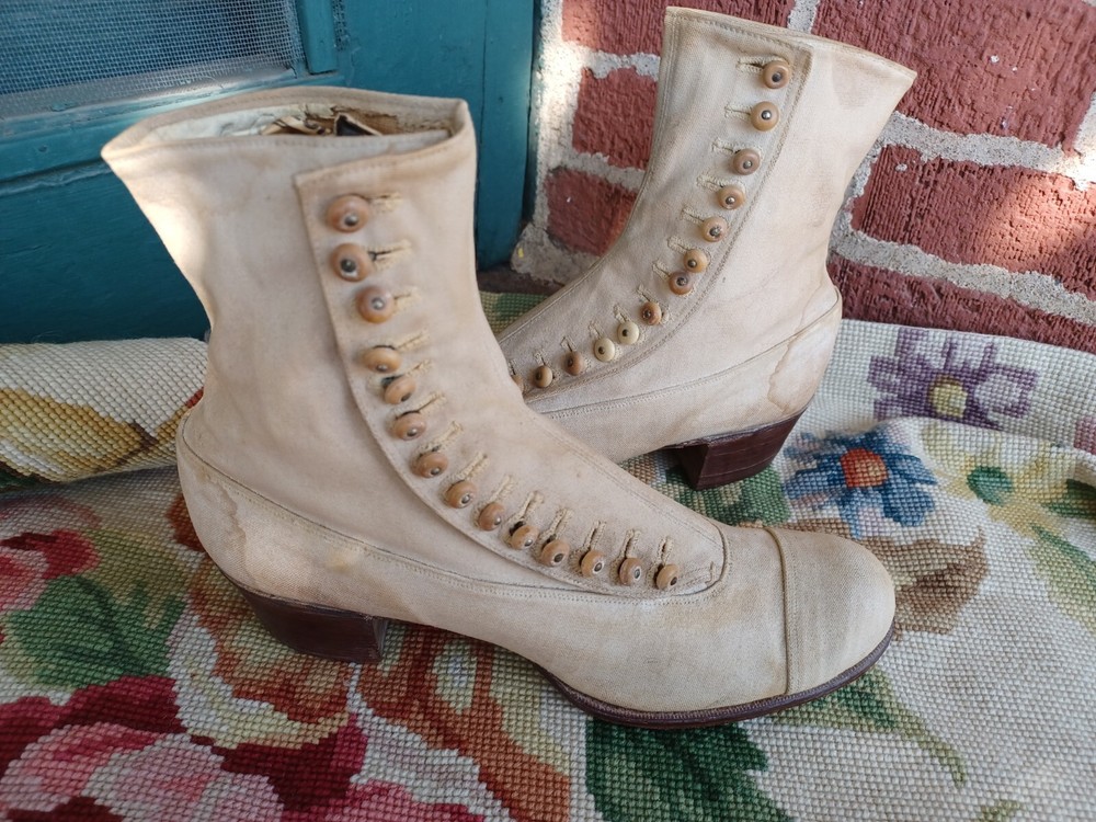 RARE ANTIQUE VICTORIAN HIGHTOP WHITE LADIES BUTTON UP CANVAS BOOTS SMITHVILLE MO