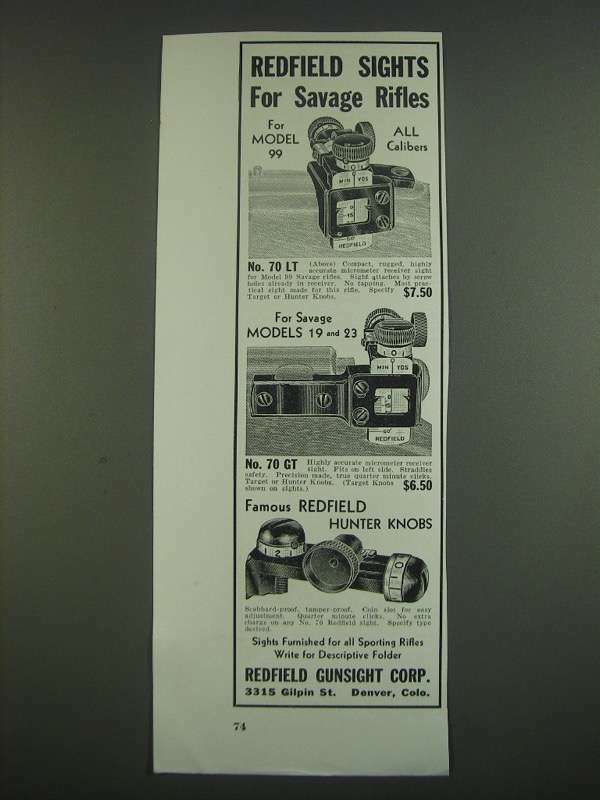 1939 Redfield Sights Ad - No. 70 LT, No. 70 GT and Hunter Knobs - Savage Rifles