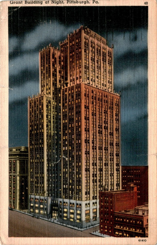 Grant Building at Night, Pittsburgh, Pa, 16 Parker St., Charlestown, Postcard