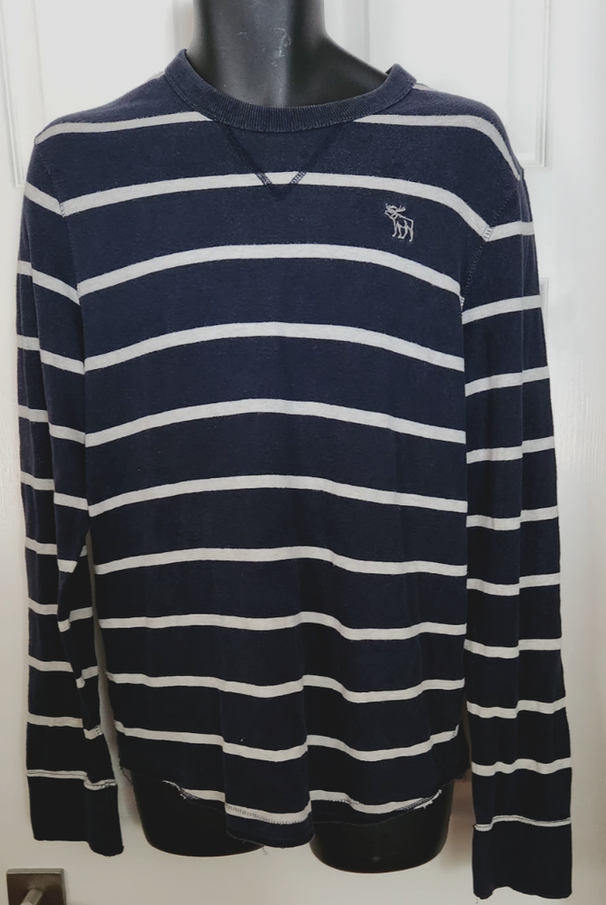 ABERCROMBIE & FITCH MENS Navy White Pullover CREWNECK Striped MOOSE Sweater XL-image