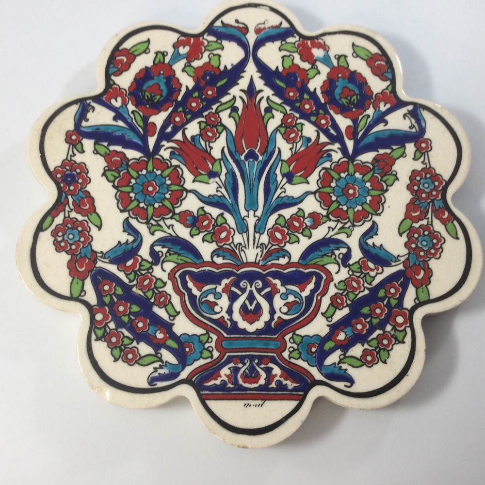Vintage Trivet Hot Plate Glazed Ceramic Tile Red Blue Floral Colorful