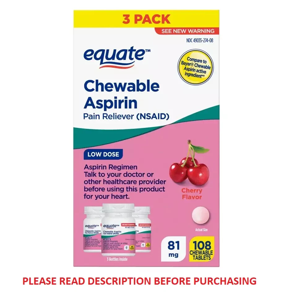 Equate Low Dose Chewable Aspirin 81 Mg Tablets, Cherry Flavor, 36 Count, 3 Pack