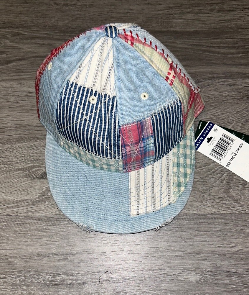 Polo Ralph Lauren Polo Country Distressed Patchwork Blue Denim Ball Cap Hat NWT