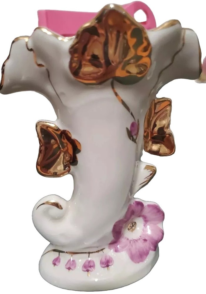 Elegant Vintage Cornucopia Vase with Handpainted Purple Flowers, Green Ivy, and Gold Gilding