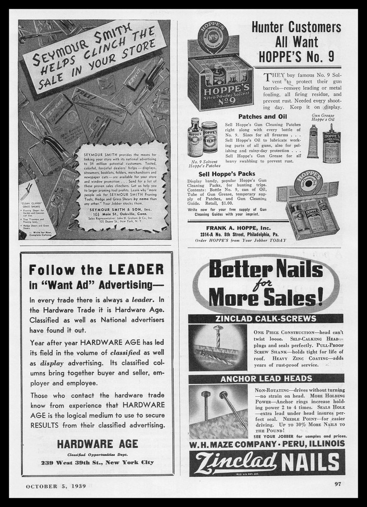 1939 W. H. Maze Company Peru Illinois Zinclad Nails Heads Calk Screws Print Ad