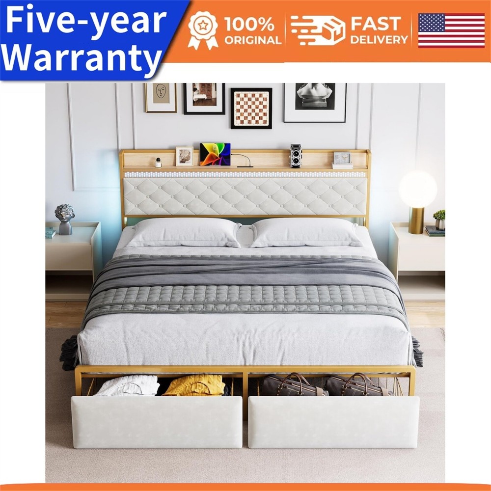Full Size Bed Frame Platform Bed Frame with LED Lights Charging Station Drawers