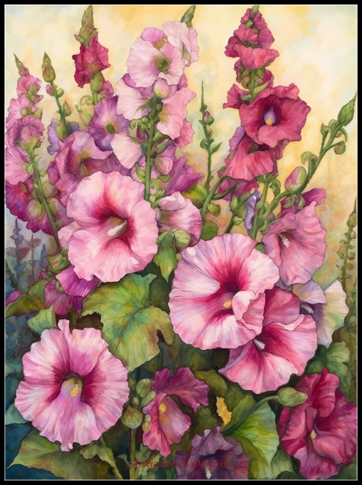 Hollyhocks In Evening - Chart Counted Cross Stitch Patterns Needlework DMC Color
