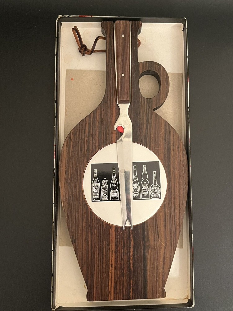 Mid Century Hardwood & Tile Cheese Board Charcuterie with Knife & Original Box